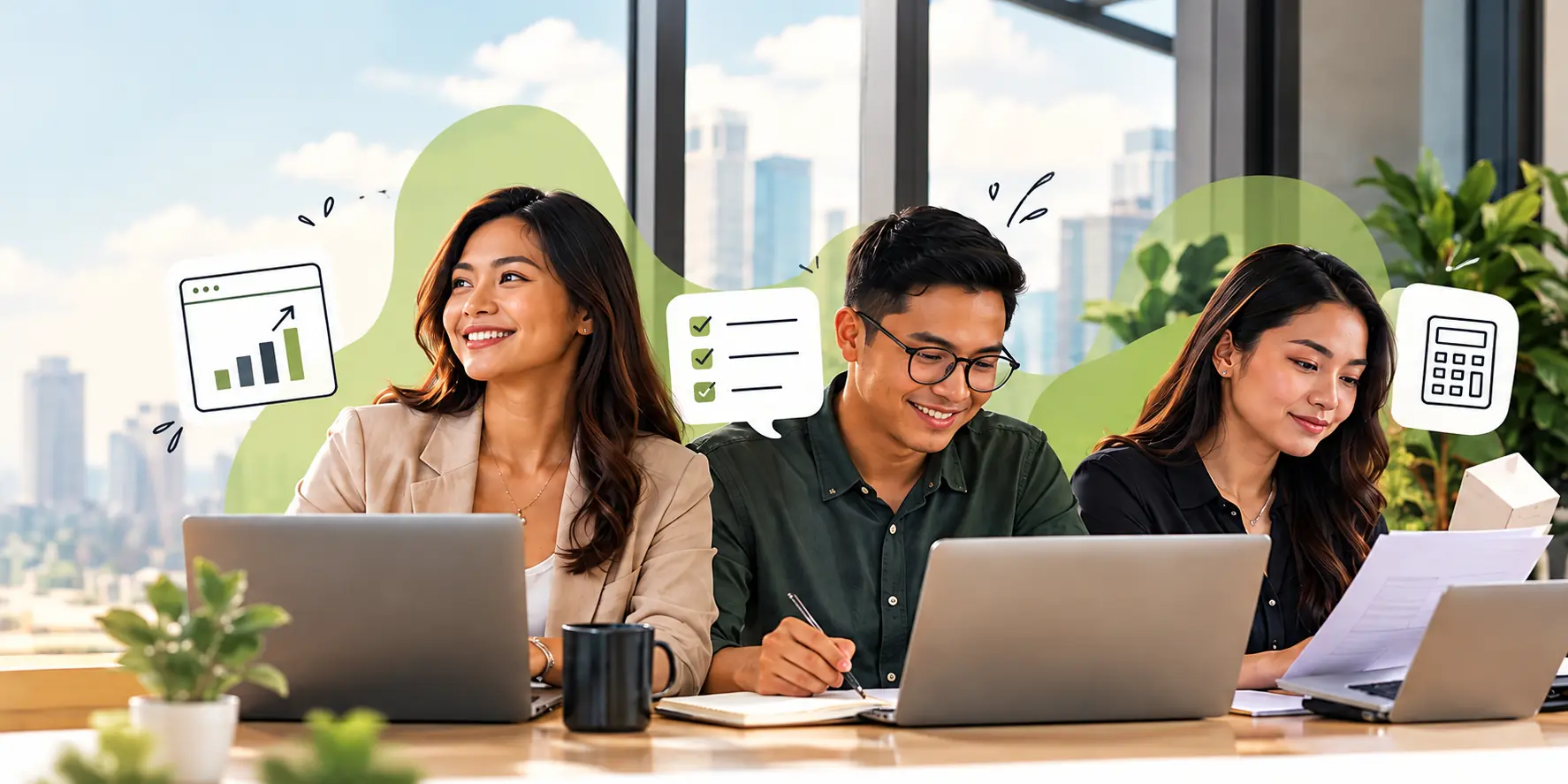 Experienced Filipino professionals collaborating in a modern workplace across marketing, operations and finance